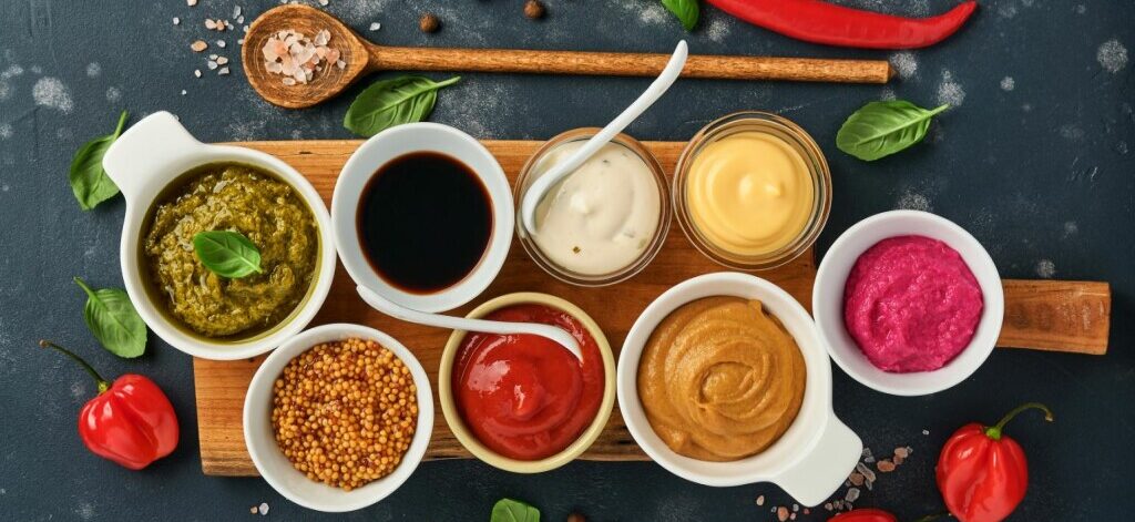 Set of different bowls of various dip sauces, on dark background, top view