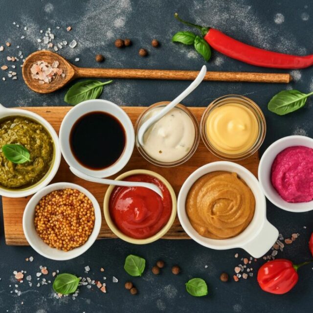 Set of different bowls of various dip sauces, on dark background, top view