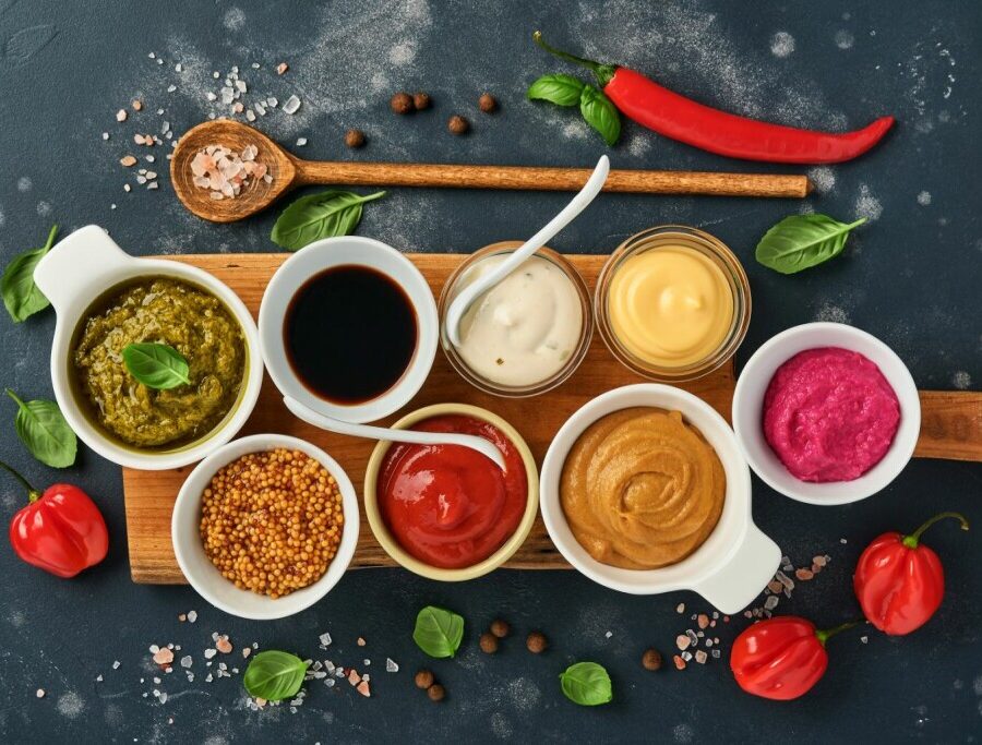 Set of different bowls of various dip sauces, on dark background, top view